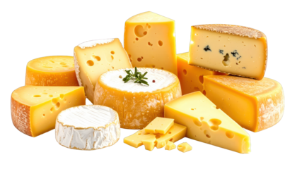 A diverse collection of cheeses, various shapes & textures, on a black background