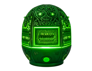 Glowing, intricately carved green orb with a screen, isolated on black
