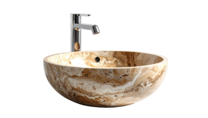 A marble bowl sink with a chrome faucet. Background is black