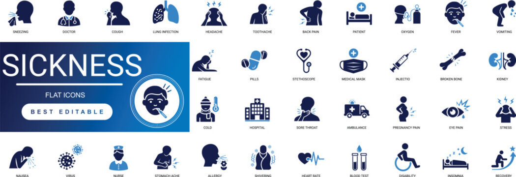 Sickness solid icon set featuring illness disease symptoms and medical care, fever headache pain cold flu virus, and hospital doctor patient treatment editable vector icons