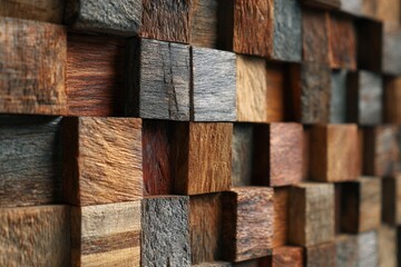 Close-up view of a wall made of wooden cubes