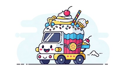 Colorful Ice Cream Truck with Sundaes and Cones.
