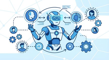 AI Robot Managing Human Connection and Digital Workflow Automation Illustration