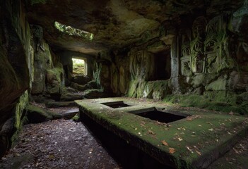 A dimly lit, moss-covered cave