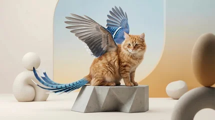 Sierkussen Meisjeskamer Majestic Orange Ginger Cat Hybrid with Blue Bird Wings and Long Feathered Tail Perched on Geometric Concrete Pedestal in Surreal Minimalist Studio  © ByAril