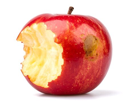 Half eaten red apple with a visible bite mark, stem, and a small bruise