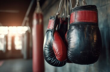 Vintage boxing gloves hanging in a gym