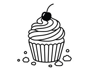 Outline cupcake with cherry on top on transparent background one hundred character