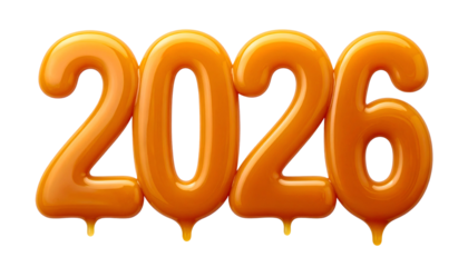 Shiny, caramel-colored digits spell out the year 2026