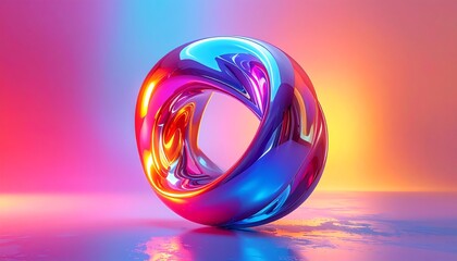 A glossy, abstract torus floats against a gradient background of pink, blue, and yellow hues. Reflective surfaces create vibrant light play