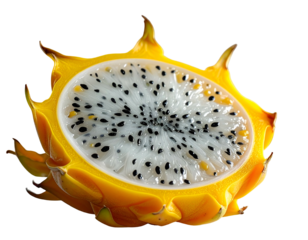 Halved dragon fruit revealing white flesh speckled with black seeds