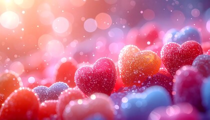 Close-up of heart-shaped candies with a sugary coating, in various shades of red, pink, orange, and blue, with soft, bokeh background