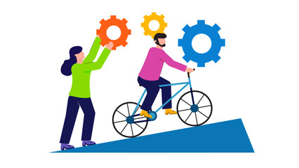 An illustration of a man cycling uphill assisted by a teammate carrying gears, representing team support and resilience in facing business challenges