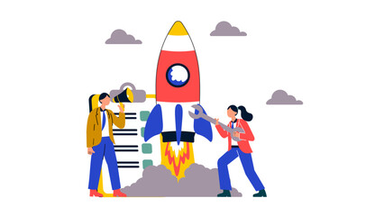 A conceptual illustration of a rocket launch managed by a team, symbolizing the launch of a new product, a startup, and rapid business scaling