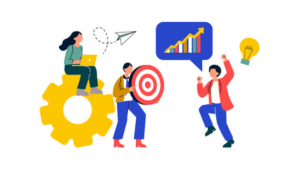 An illustration of professionals celebrating a milestone next to a rising growth chart and a bullseye target, representing successful marketing and sales goals