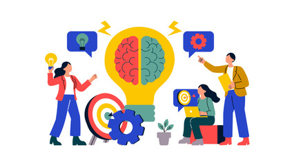 A visual representation of creative ideas and problem-solving featuring a human brain inside a giant lightbulb, surrounded by a team developing innovative strategies