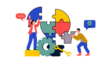 A team working together to assemble large puzzle pieces into a cohesive shape, symbolizing integration, problem-solving, and combining different expertises