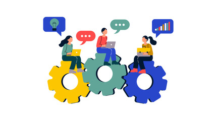 Professionals sitting on large interconnected gears while using laptops and communicating via chat bubbles, symbolizing digital synergy and remote work