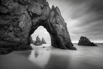 Dramatic coastal archway in monochrome