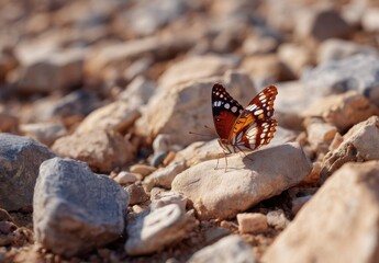 A butterfly rests on a rocky surface.  Sunny day