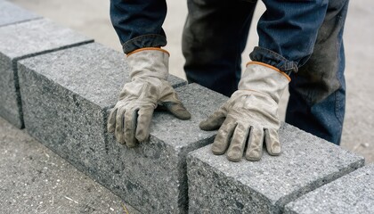 A worker wearing sturdy protective gloves carefully positions heavy gray concrete blocks, likely for constructing a retaining wall or a foundational structure outdoors.