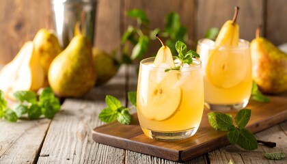 Close-up of two cocktails garnished with pear slices and mint on a wooden board, with pears and a shaker in background