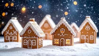 A group of gingerbread houses are covered in snow with blurred bokeh lights creating a festive winter wonderland