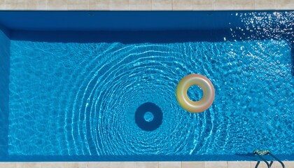 Minimalist summer poolside scene with a floating inflatable ring, clean blue water reflections, and bright midday light creating a calm modern vacation mood.