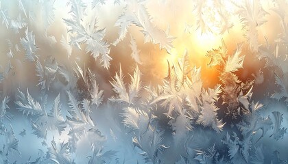 Intricate frost patterns on glass with a warm, golden light shining through.