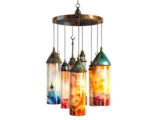 Hanging art piece of colorful lanterns, illuminated against black