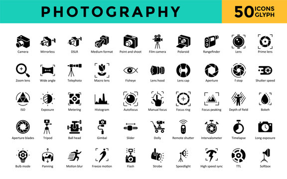Photography icons set with camera, mirrorless, dslr, medium format, point and shoot, film camera, polaroid, softbox icon. Simple glyph vector 
