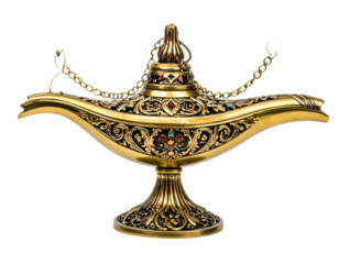 Ornate golden lamp with intricate details and gemstones, isolated on black