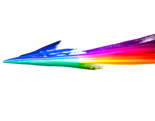 Abstract arc of light in rainbow hues bursts across a black void