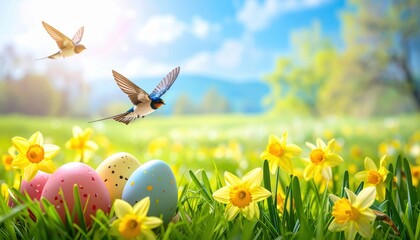 Generated imageSpring And Easter Banner - Daffodils In The Fresh Lawn With Fly of Swallow