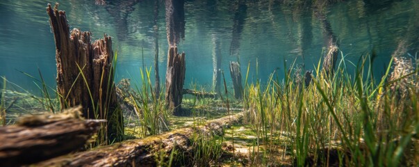 Underwater forest of decaying logs and vibrant aquatic plants