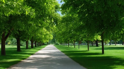 Fototapeta premium Serene Tree-Lined Pathway Surrounded by Lush Green Foliage on a Bright Sunny Day in a Beautiful Natural Landscape
