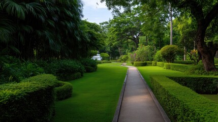 Obraz premium Lush Green Pathway Through Serene Garden Surrounded by Vibrant Foliage and Neatly Trimmed Hedges Under Clear Blue Sky in a Tranquil Environment
