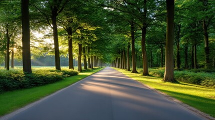 Fototapeta premium Serene Tree-Lined Pathway with Sunlight Filtering Through Leaves on a Peaceful Summer Day in a Lush Forest Setting