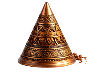 Ornate copper cone with intricate carvings and a string of beads