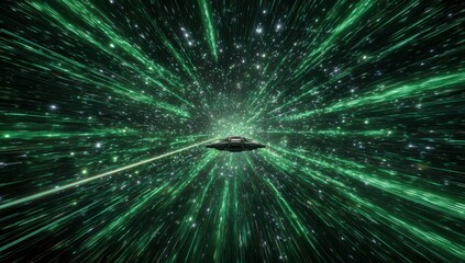 Futuristic spaceship through a vibrant, star-filled wormhole