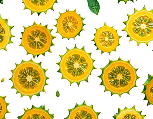 Vivid close-up shows spiky, sliced, yellow fruit against black