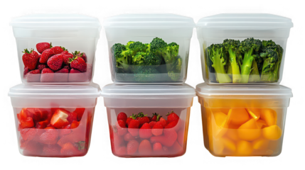 A stack of clear plastic containers filled with various fruits and vegetables on a black background
