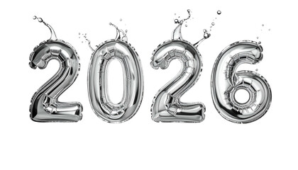 Shiny, metallic silver balloon letters form the year 2026 against black