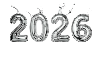 Shiny, metallic silver balloon letters form the year 2026 against black