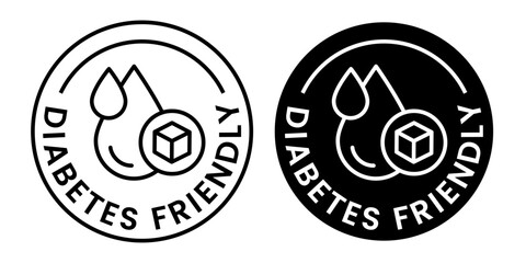 Diabetes friendly icon set. Diabetes friendly logo, label, badge, sticker, symbol, banner, circle, stamp, line, vector, isolated illustration. Diabetes friendly label for product packaging design.