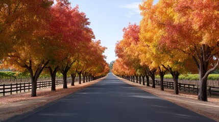 Scenic Autumn Road Surrounded by Trees with Vibrant Red and Yellow Foliage Leading to a Vineyard in the Background on a Clear Day