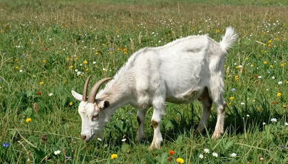 A healthy white goat with prominent horns calmly grazes in a sun-drenched expansive meadow, filled with an abundance of diverse green grasses and delicate colorful wildflowers.