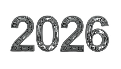 Metallic 2026 numerals rendered with industrial, mechanical components on black