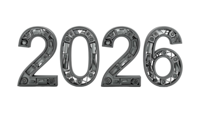 Metallic 2026 numerals rendered with industrial, mechanical components on black