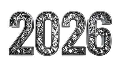 Metallic year 2026, ornate design, isolated against black